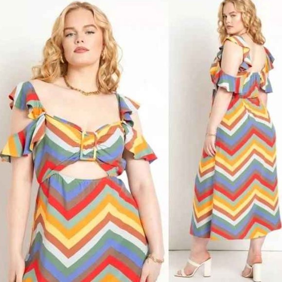 ELOQUII | Yellow & Blue Chevron Cutout Ruffle-Strap Maxi Dress - - Picture 2 of 2